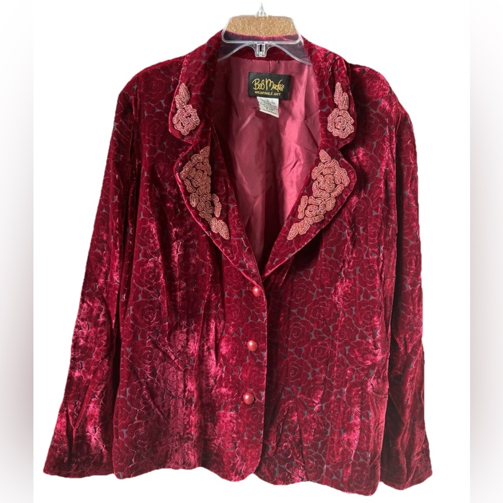 Bob Mackie Wearable Art Maroon Red Velvet Silk Floral Beaded Lapel Blazer Size L
